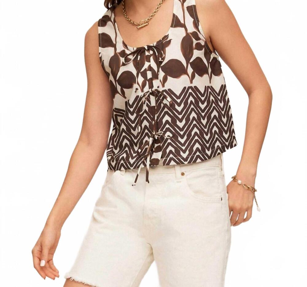 NEW FIFTEEN TWENTY women's emery tie-front sleeveless top in brown print